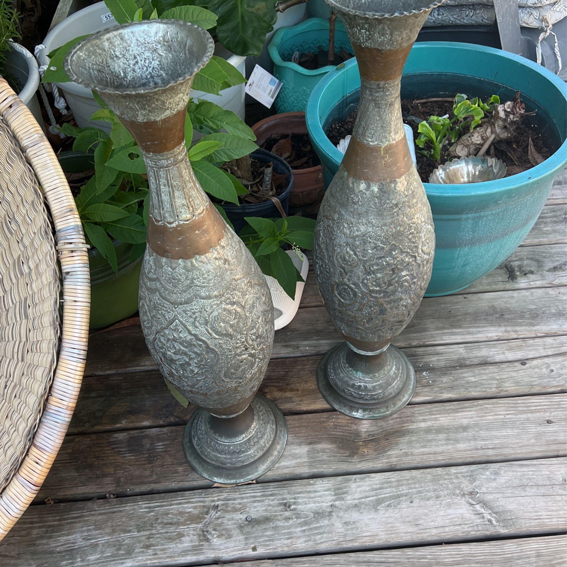 Antique Middle Eastern Floor Vases Cooper Engraved 