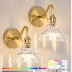 Vintage Battery Operated Wall Sconces Set Of Two, Indoor not Hardwired Brass Transparent Glass Lampshade Fixtures, Rechargeable Wireless RGB Wall Ligh