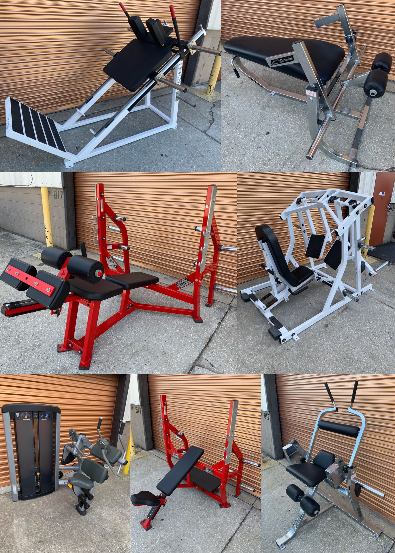 Hack Squat, Olympic Weight Bench, Leg Curl, Ab Machine, Leg Press, Shoulder Press
