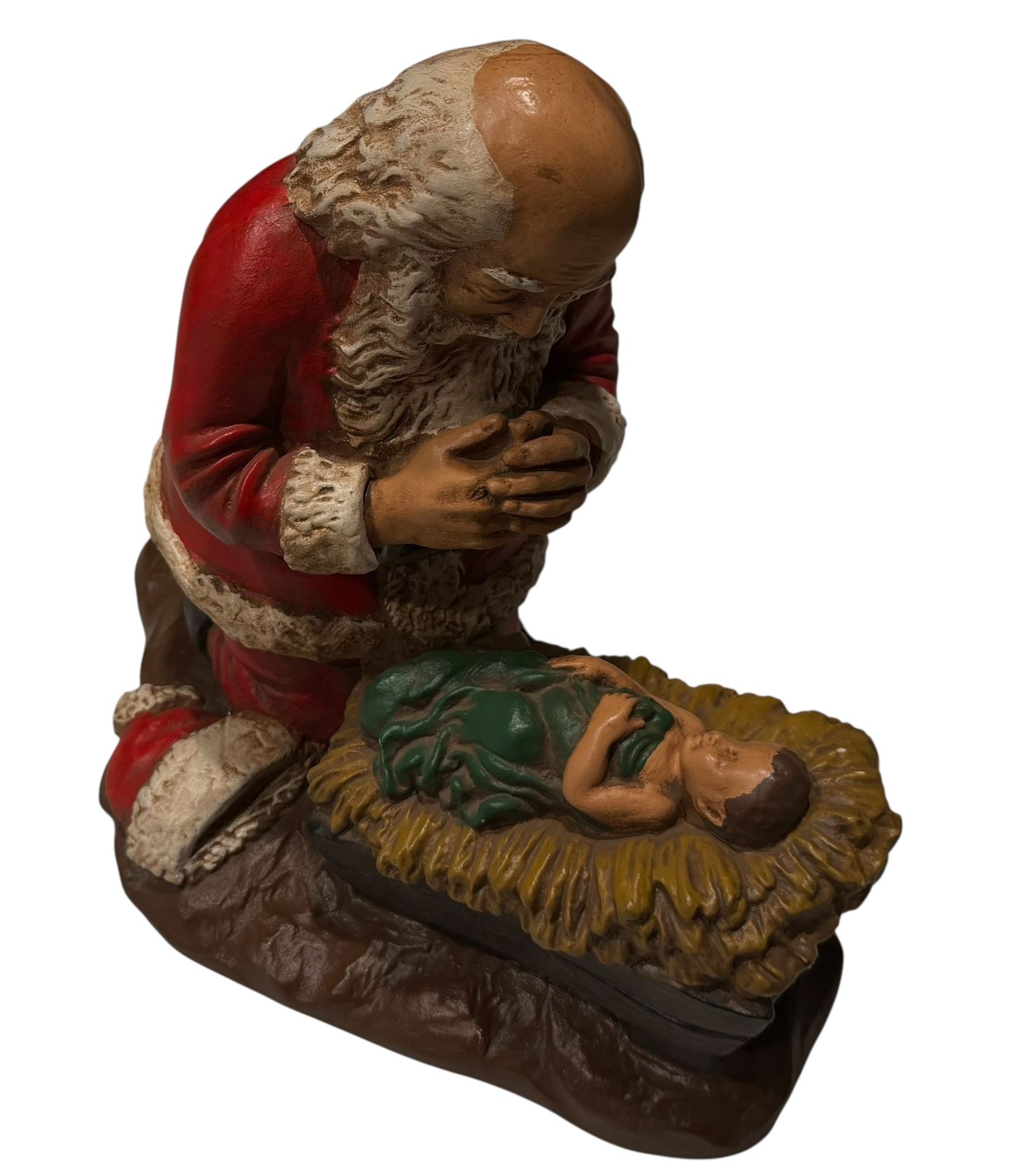 1976 Vintage RO Gauer Kneeling Santa Praying Over Baby Jesus Signed R Vargas 
