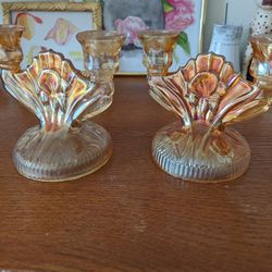 Pair Of Vintage Marigold Carnival Glass Candelabras