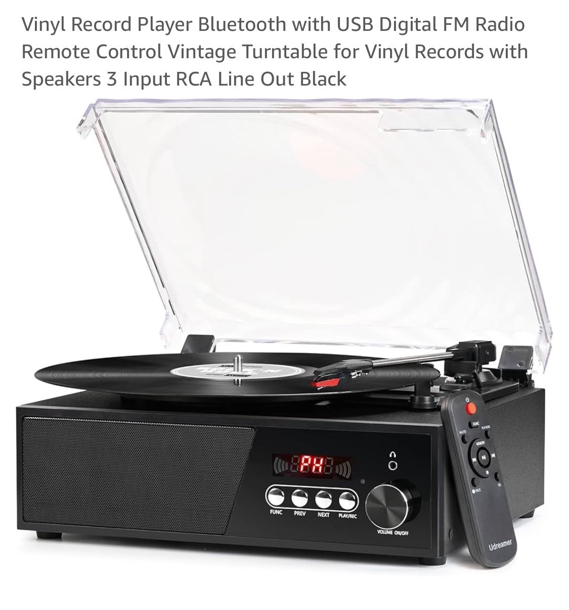 Vinyl Record Player Bluetooth with USB Digital FM Radio Remote Control Vintage Turntable for Vinyl Records with Speakers 3 Input RCA Line Out Black