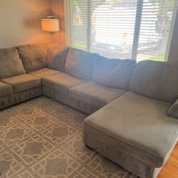 Corduroy, Gray, Plush Sectional U-Shaped Couch W Chaise