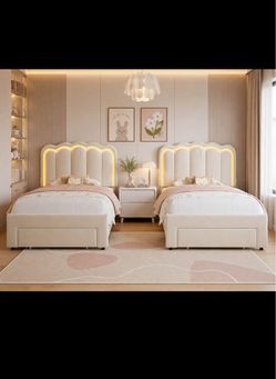 2 White Twin Size Wavy Bed Frame with LED Lights