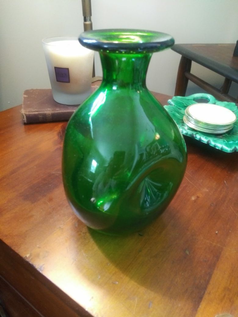 Vintage Green Blenko Pinched Glass Vase Decanter Bottle With Pontil Mark