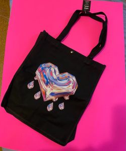 Black Canvas Tote Bag Holographic Heart Print