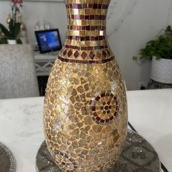 Elegant Mosaic Glass Vase Gold & Burgundy Accent Decor