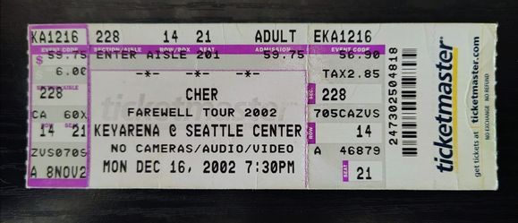 Cher Farewell Tour 2002 Ticket Stub – Seattle KeyArena