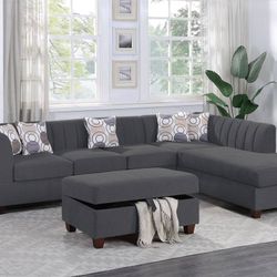 Brand New Charcoal 3pc Reversible Sectional Sofa With Storage Ottoman 