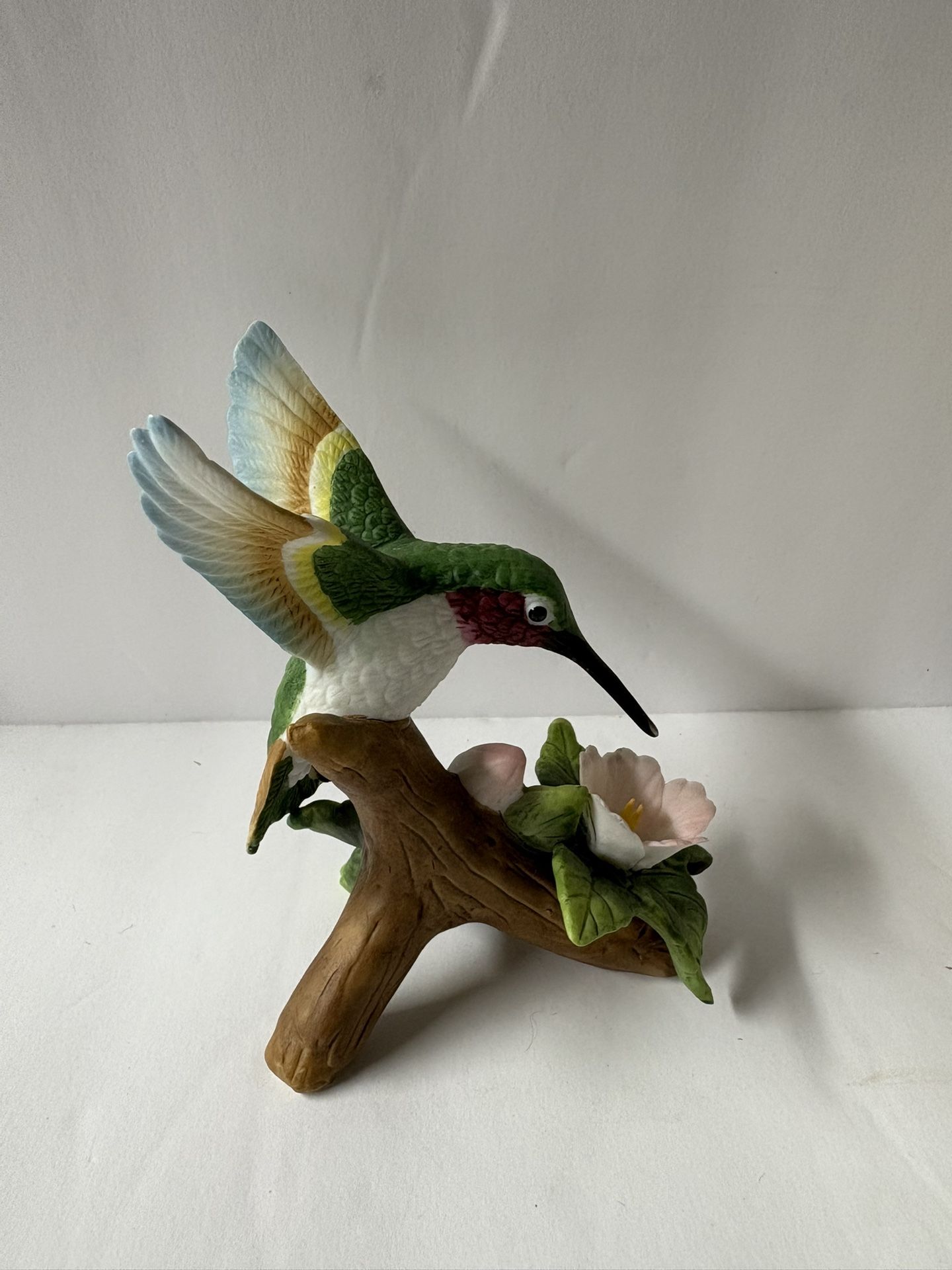 Vintage Porcelain Ceramic Hummingbird Figurine Sitting On Branch With Flower 