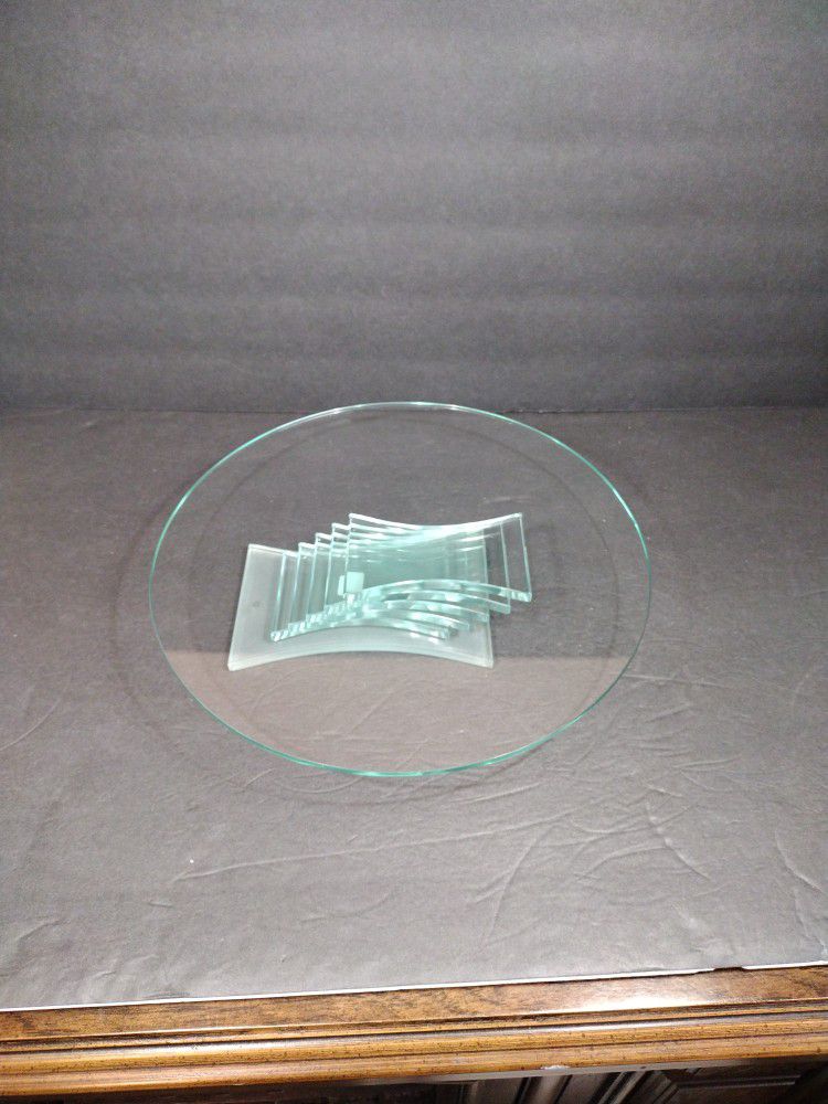 Partylite Light Green Glass 11" "Stratus" 3-Wick Pedestal Candle Holder or Cake Stand # P7725