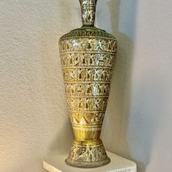 Egyptian Revival Brass Vase with Inlaid Copper and Silver Hieroglyphics