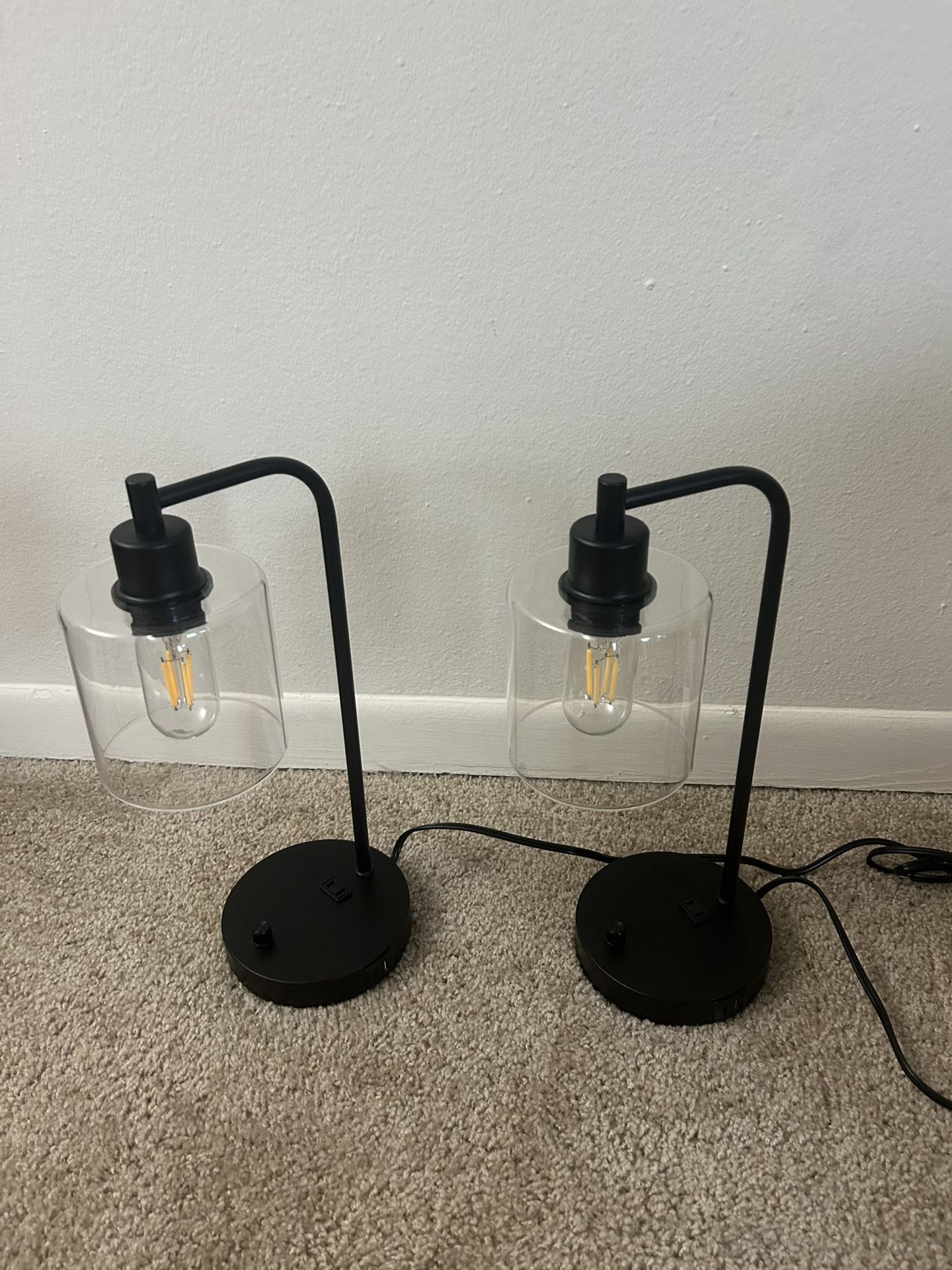 Set of 2 Industrial Table Lamps with USB Port, Fully Stepless Dimmable