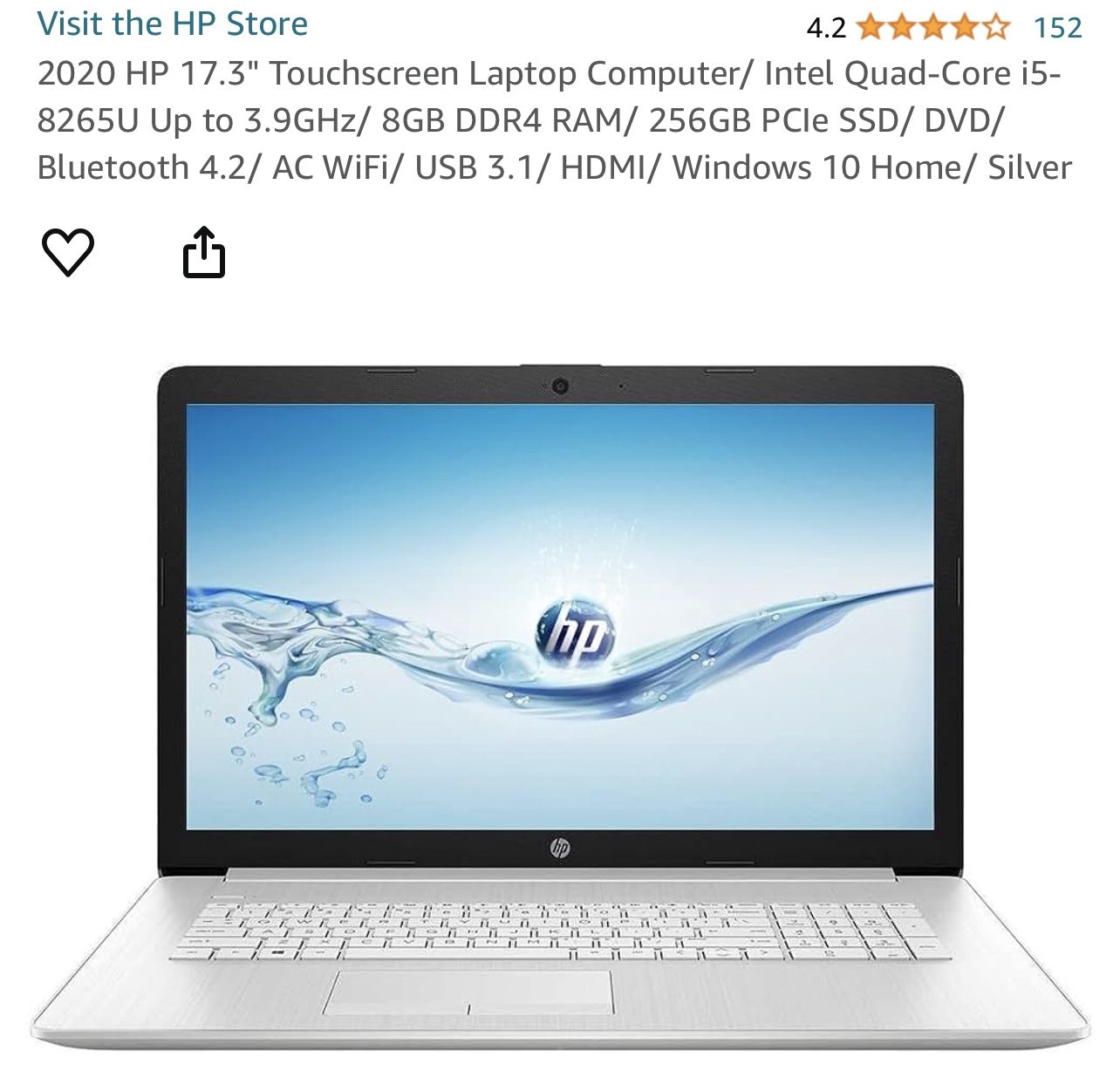 2020 HP 17.3" Touchscreen Laptop Computer/ Intel Quad-Core i5-8265U Up to 3.9GHz/ 8GB DDR4 RAM/ 256GB PCIe SSD/ DVD/ Bluetooth 4.2/ AC WiFi/ USB 3.1/