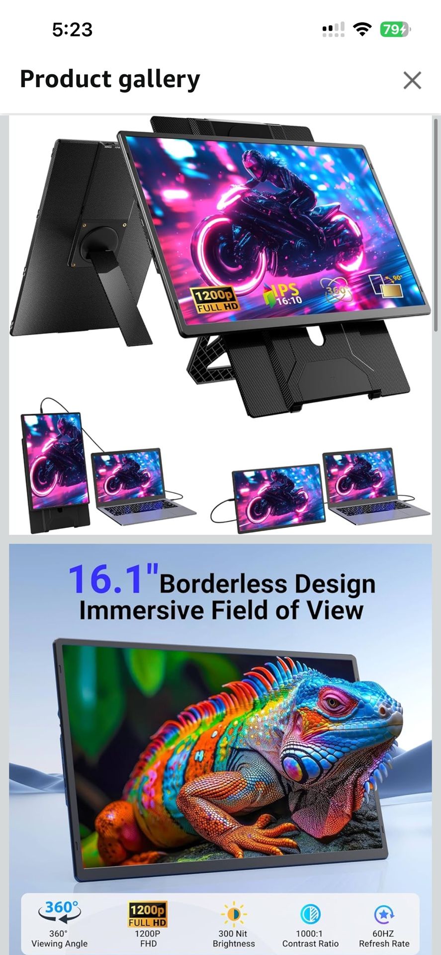 Ygretyrjh 16.1" Laptop Screen Extender, 1200P FHD Portable Monitor for Laptop, 360° Rotating, Plug & Play, Detachable Stand, Height Adjustable, Seamle