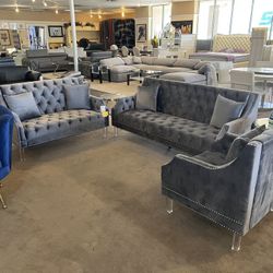 3 Pcs Grey Velvet Living Room Set (Sofa, Loveseat, Chair) 
