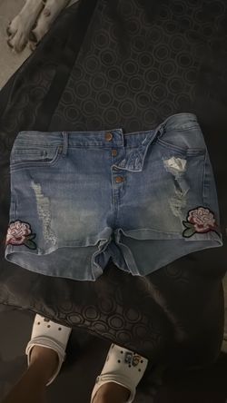 Distressed Denim Shorts with Rose Patches