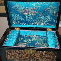Antique Hand Carved Oriental Wood  Jewelry box 