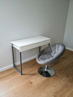 Glossy White Desk + Gray Swivel Chair