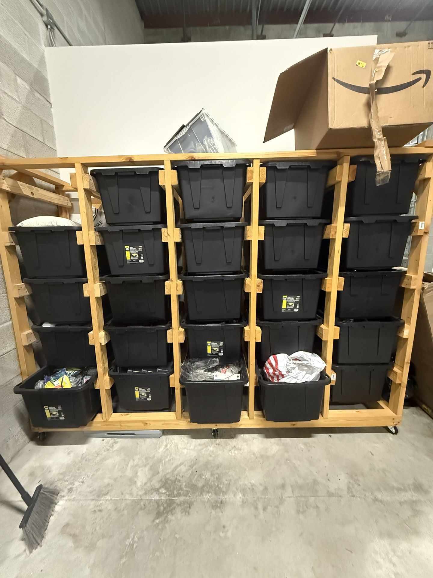 MOBILE WOOD BIN STORAGE W/ ALL 27 GALLON BINS INCLUDED