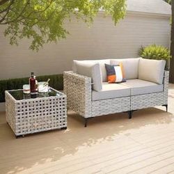 SALE! New OVIOS Gray 3-Piece Wicker Patio Conversation Set with Beige Cushions and Coffee Table