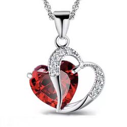 NEW Fashion Red Heart Rhinestone Crystal and CZ’s Silver Plated Necklace - Adjustable
