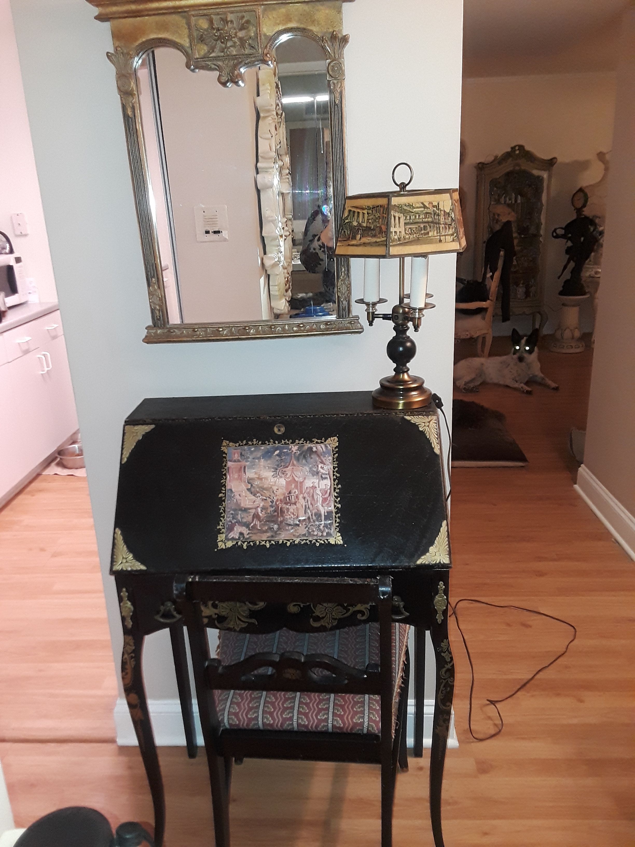 Antique Secretary Desk , Cheer ,lamp and mirror .W-26 ,deep 15 , high 40 , can be sold superetly