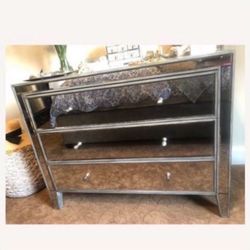 ARHAUS Mirrored Grey 3 Drawer Chest…33” Height By 42” Width By 20” Deep… (GLASS ON TOP IS A LITTLE DAMAGED ON ONE CORNER) High Quality/Furniture/Very 