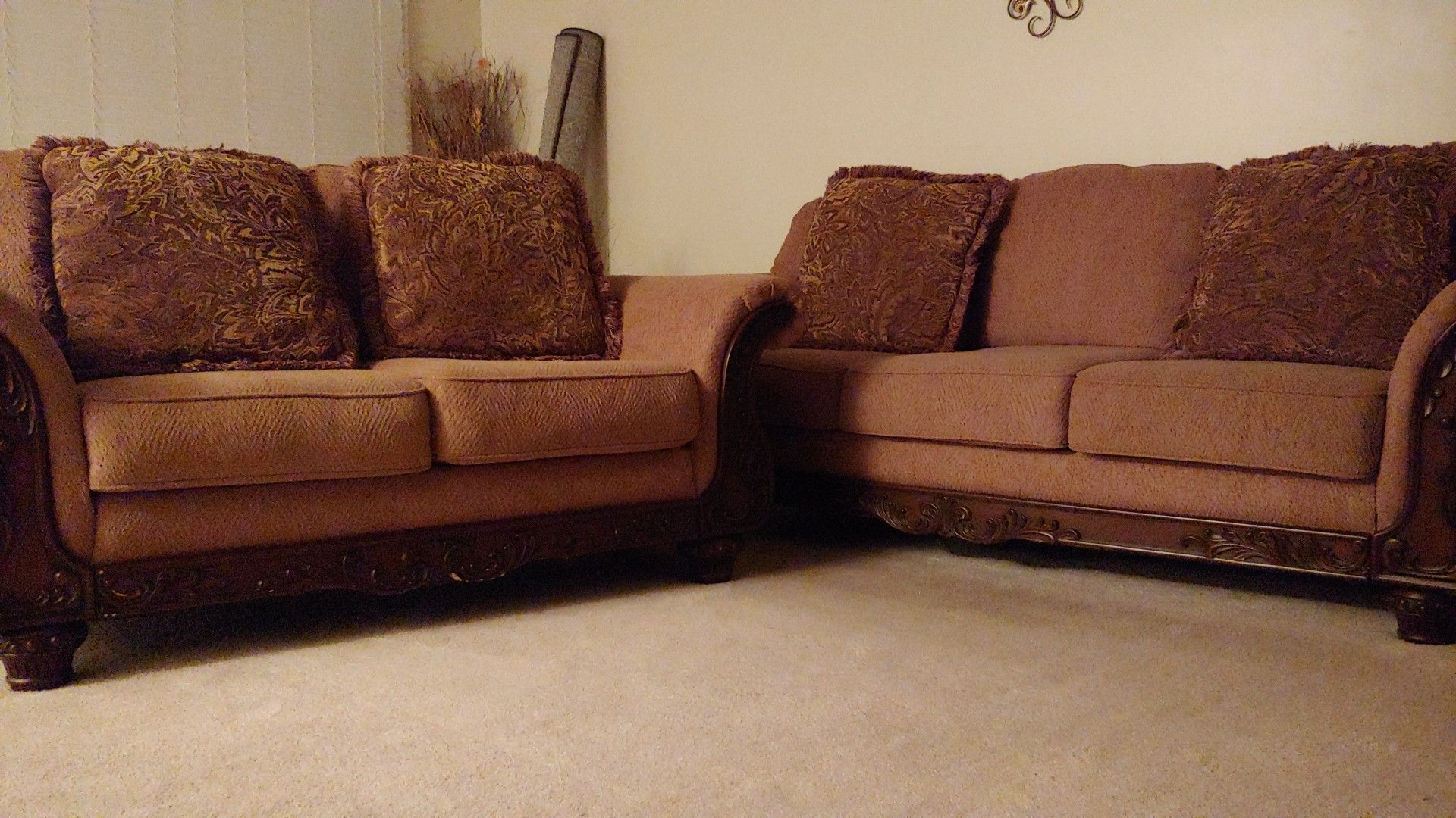 Sofa and Loveseat with wood trim and 4 pillows