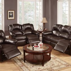 Brand New Brown Bonded Leather Manual Reclining Sofa + Loveseat + Chair 3PCs Set