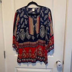 Bila Bohemian Womens Tunic Top Blue red  Paisley Tie-Neck 3/4 Bell Sleeve Size L Must pick up