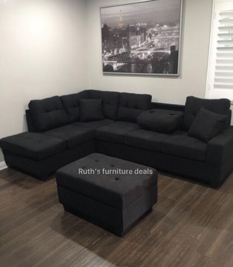 Modern Black Sectional Sofa With Storage Ottoman 