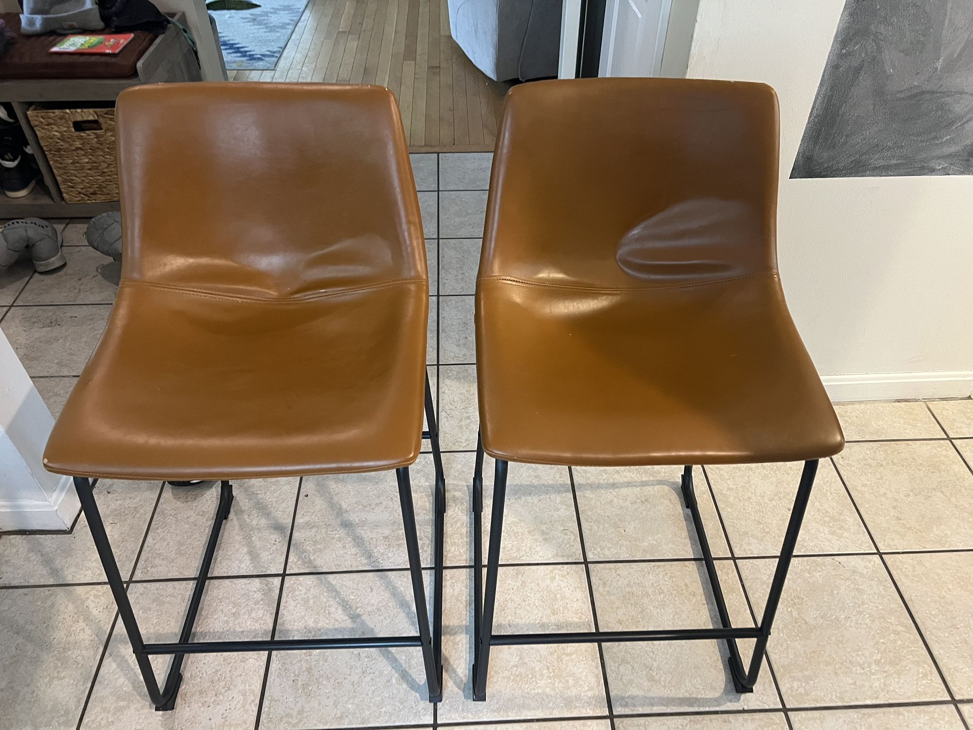 Pair Of Counter Height Leather Barstools