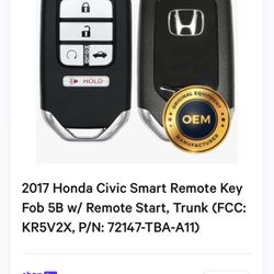 2017 Honda Civic Smart Remote Key Fob 5B w/ Remote Start, Trunk (FCC: KR5V2X, P/N: 72147-TBA-A11)