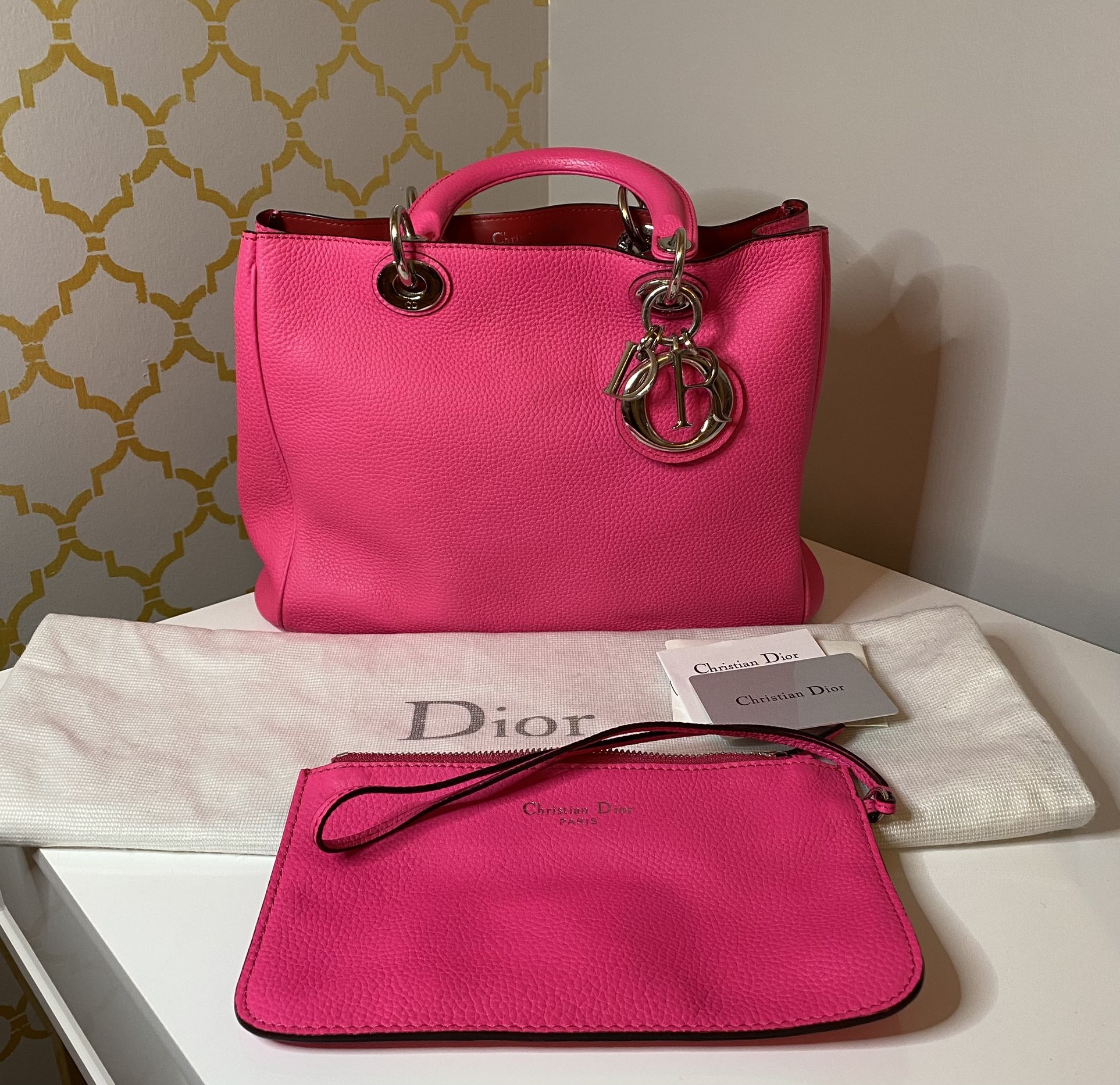 Dior Bright Pink Pebbled Leather Mini Diorissimo Tote Dior Lady