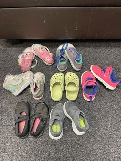 baby/toddler girl and boy shoes. Perfect for everyday wear. (6 pairs)  Available: •	pink converse - size 7 - sold  •	purple converse - size 8   •	Ligh