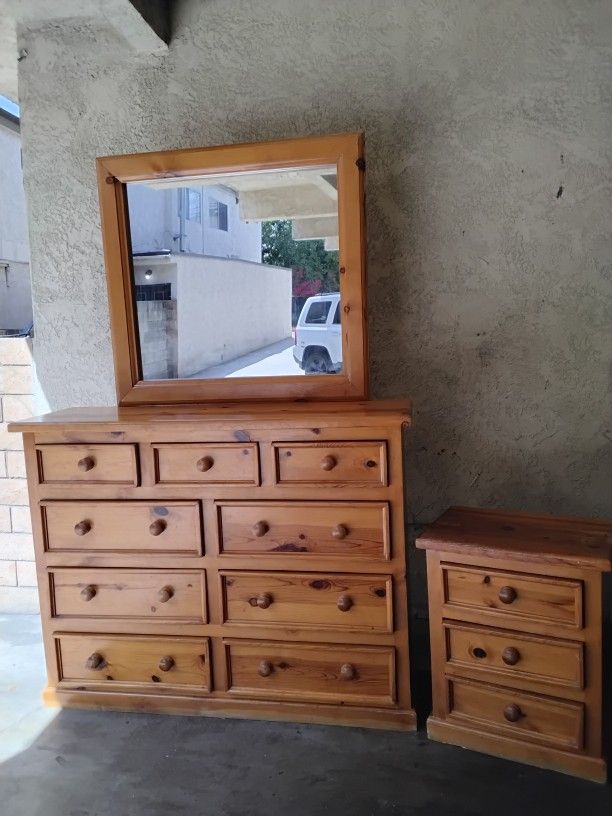 WOODEN DRESSER WITH MIRROR AND NIGHT STAND