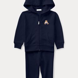 New Ralph Lauren Baby Polo Bear French Terry Hoodie & Pant Set, 6 months, Navy