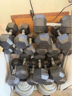 Rubber Hex Dumbbell Set 10–50 lb + Rack (540 lb) OBO