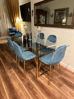 Blue Gold Dining Table Set for 6 People