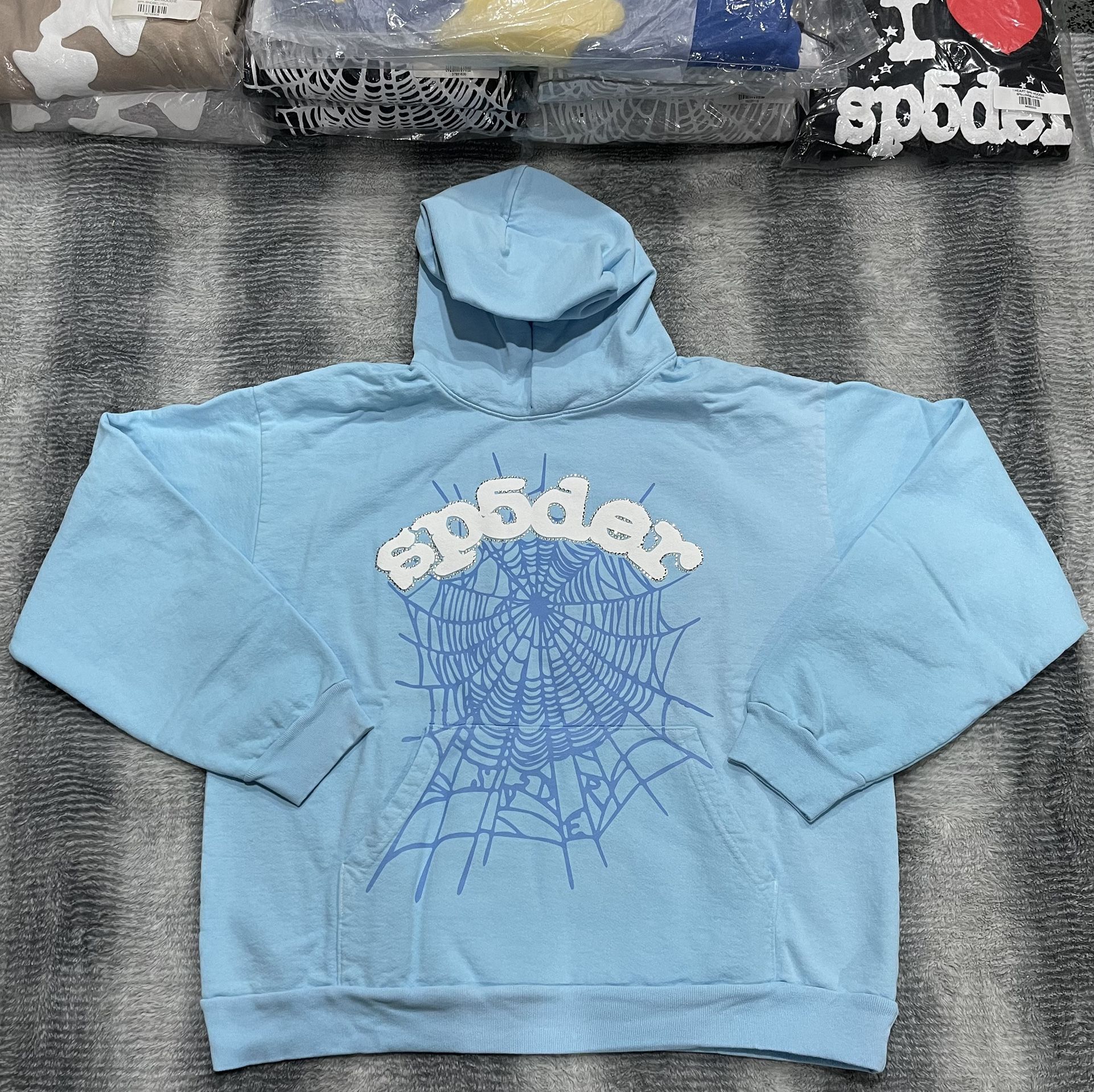 Sp5der Web Hoodie Sky Blue With Rhinestones SS23