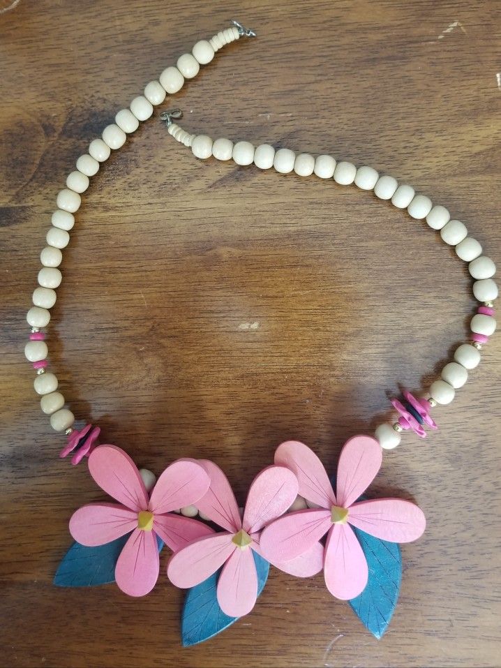Handcrafted Wooden Lei Statement Necklace W/Pink Plumeria Flowers