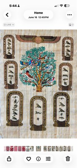 Vintage Egyptian Papyrus Painting – Tree of Life with Hieroglyphic Cartouches
