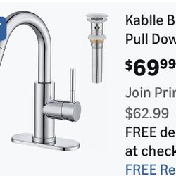 Bathroom Sink Faucet with Pull Down Sprayer, Chrome Single Handle Pull Out Faucet, Pop-Up Drain