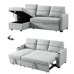 Convertible Sofa Bed with Pull-out Seat, 82Inch L-shaped Sectional Sofa Couch with Storage Chaise and Cup Holders on Armrests   Modern Corner Sofa Bed