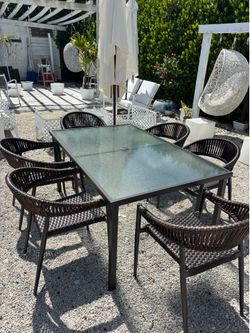 Outdoor Patio Tempered Frosted Glass NEW  Table with 6 Outdoor Patio Stackable Chairs