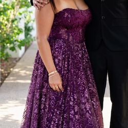 Plum  Glitter Sequin Tulle Strapless Formal Dress
