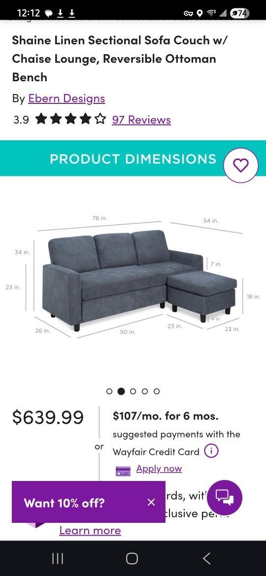 BRAND NEW Shaine Linen Sectional Sofa Couch w/ Chaise Lounge, Reversible Ottoman Bench