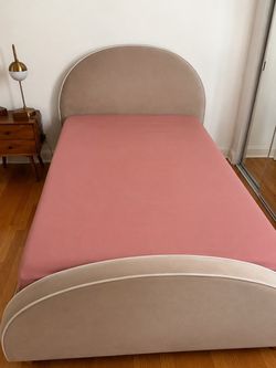 Full Size Beige Velvet Upholstered Bed Frame