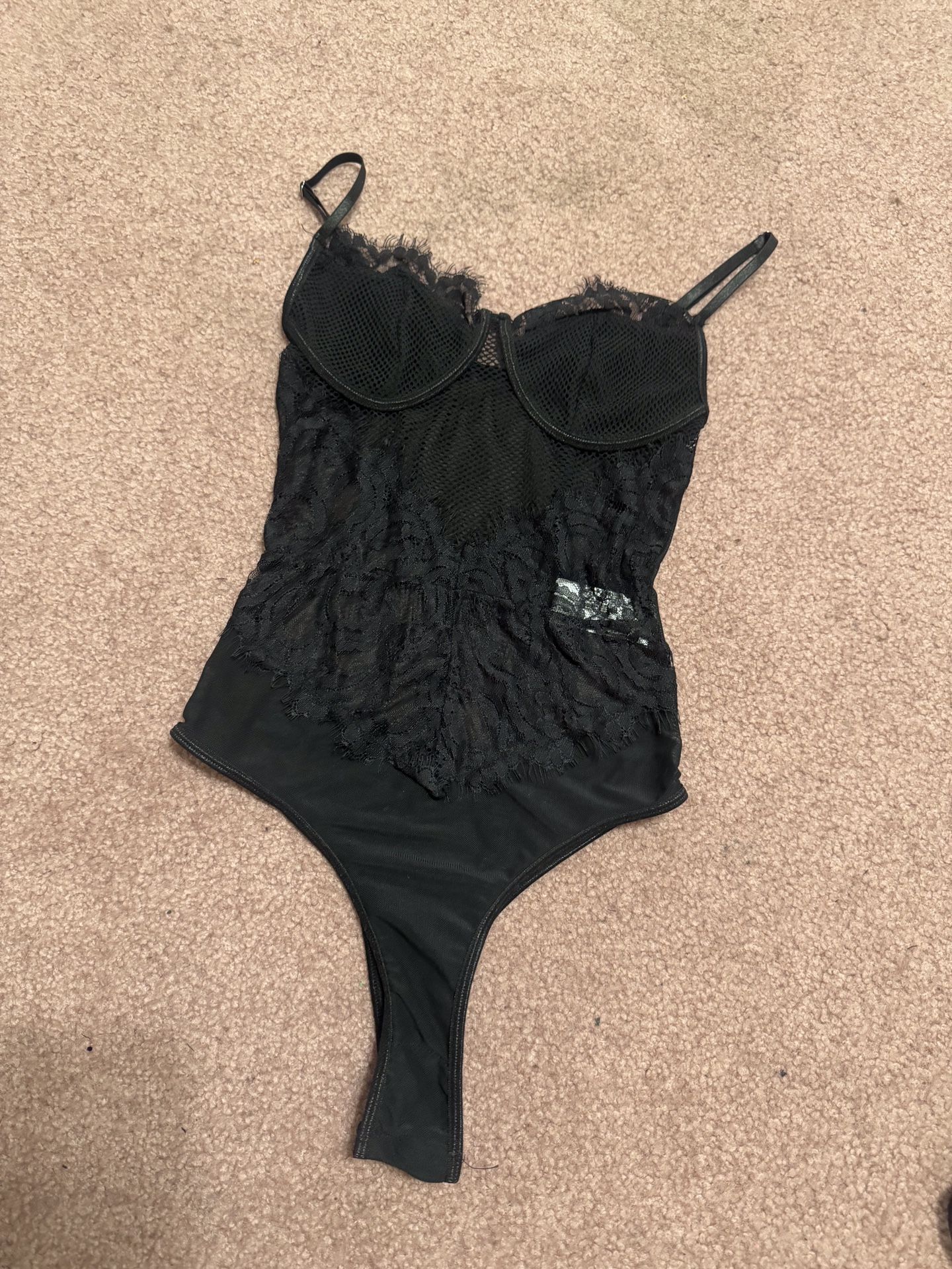 New Small Black Lace Stretchy Bodysuit Lingerie